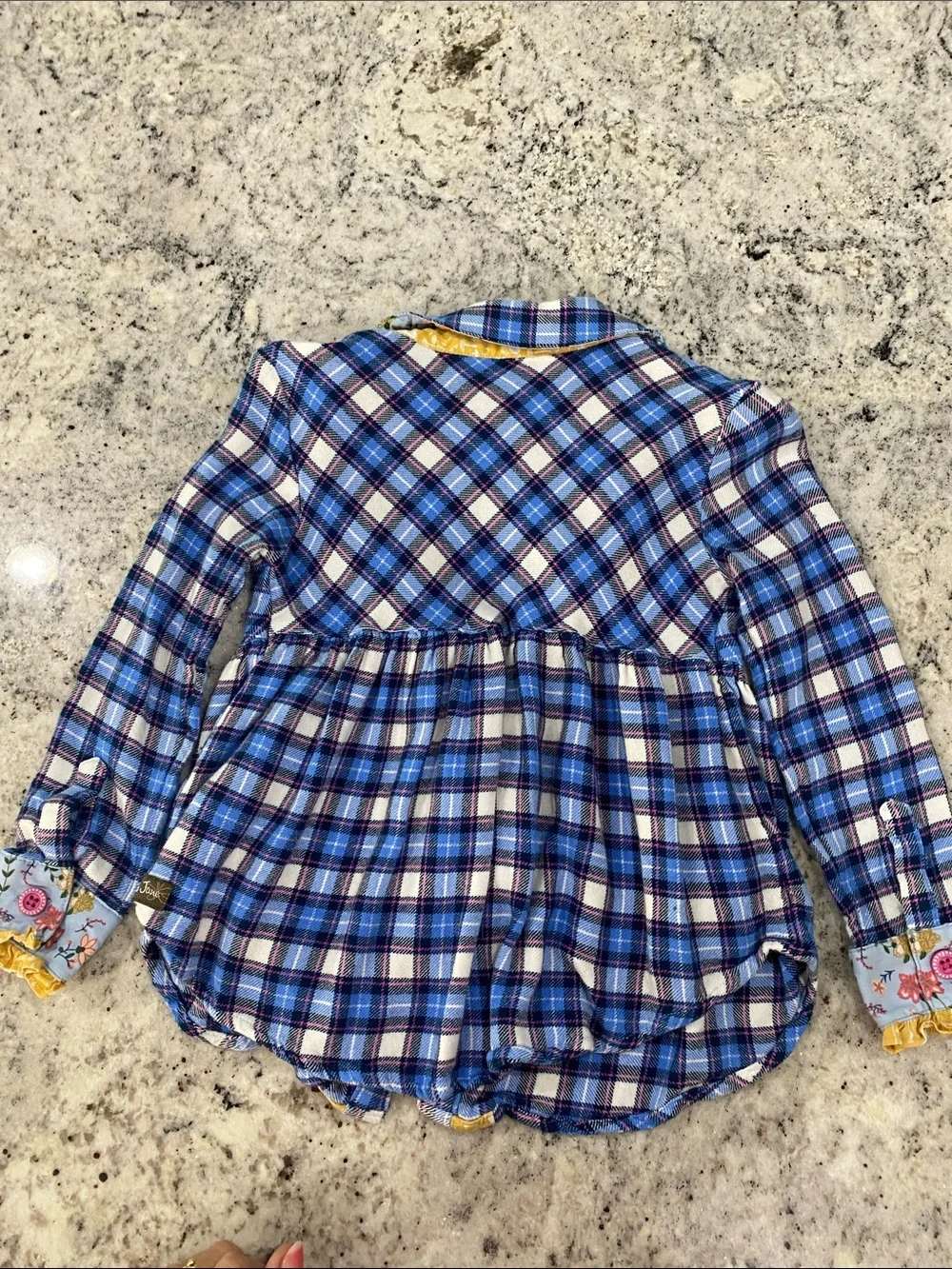 Matilda Jane Blue Plaid Button-Front Shirt with Yellow Ruffle & Floral Cuffs - Picture 3 of 3